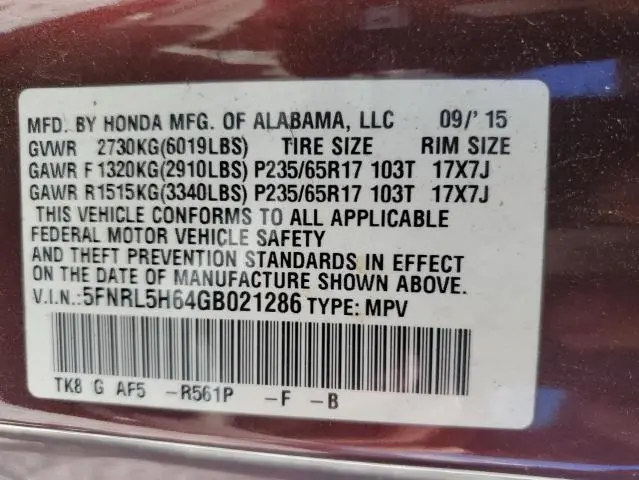 2016 HONDA ODYSSEY EXL  