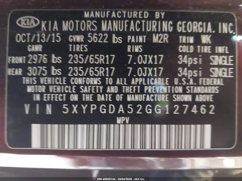 2016 KIA SORENTO 3.3L LX