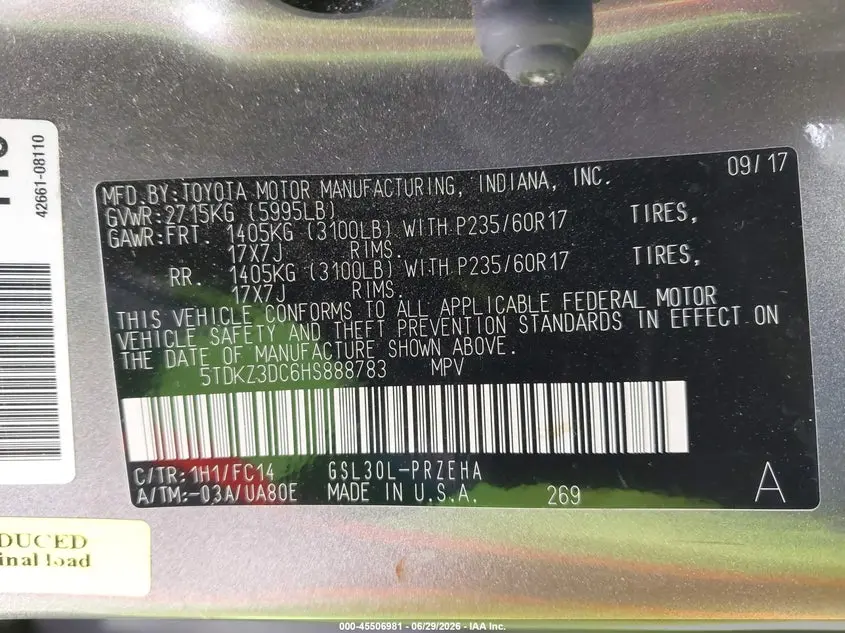 2017 TOYOTA SIENNA LE 8 PASSENGER
