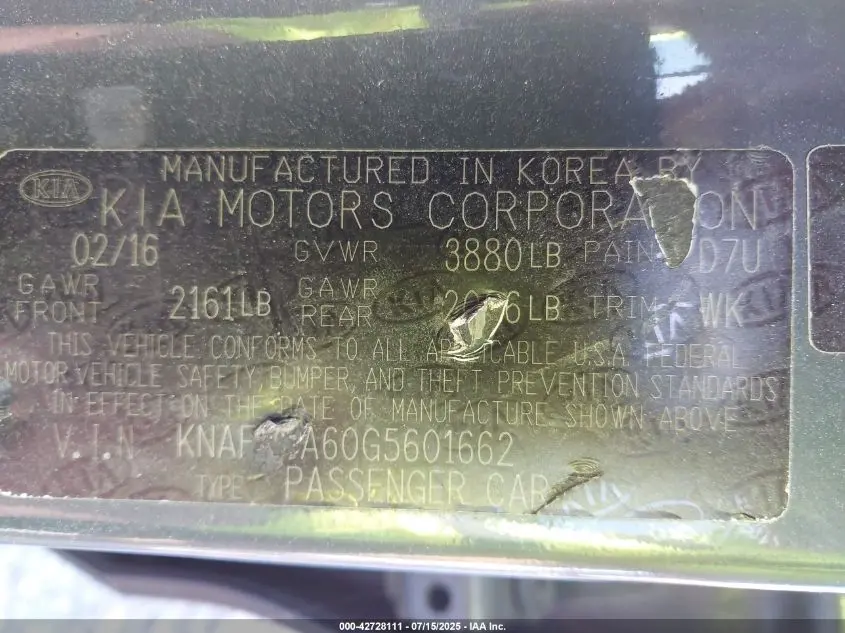 2016 KIA FORTE LX