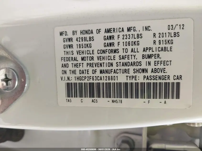 2012 HONDA ACCORD 2.4 SE