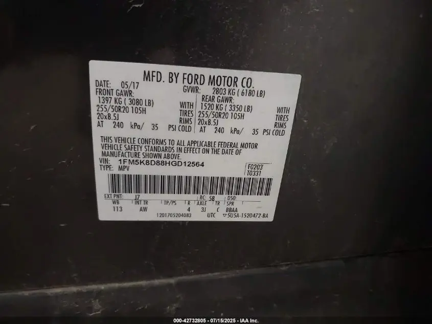 2017 FORD EXPLORER XLT