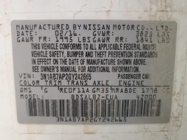 2016 NISSAN SENTRA S  