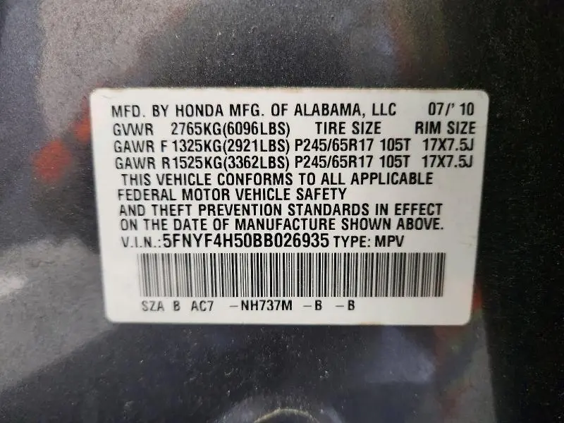 2011 HONDA PILOT EXL  