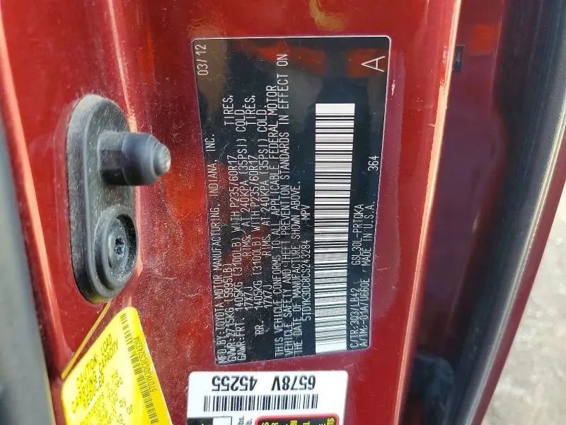 2012 TOYOTA SIENNA XLE 8-PASSENGER  