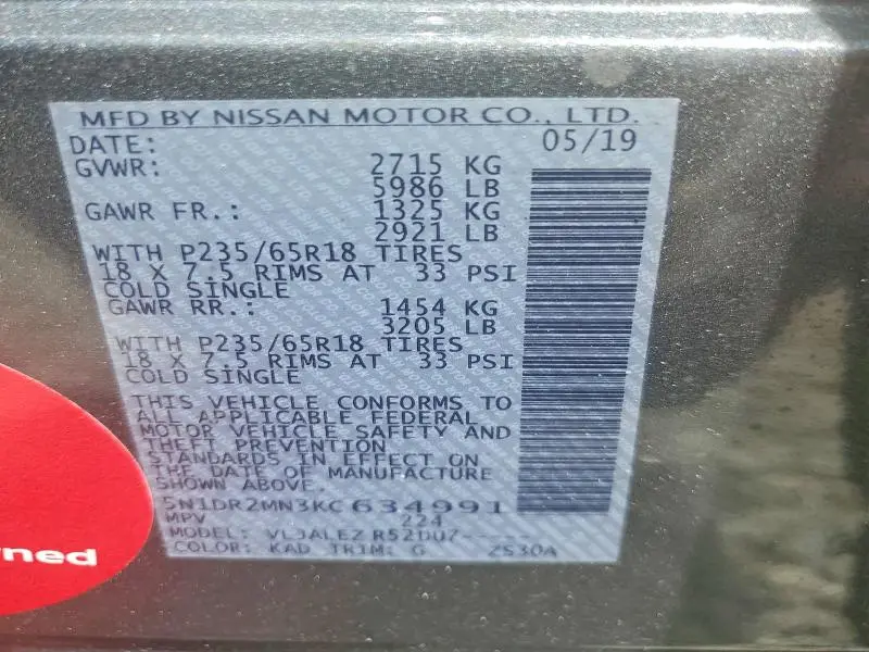 2019 NISSAN PATHFINDER SV  