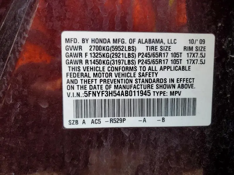 2010 HONDA PILOT EXL  