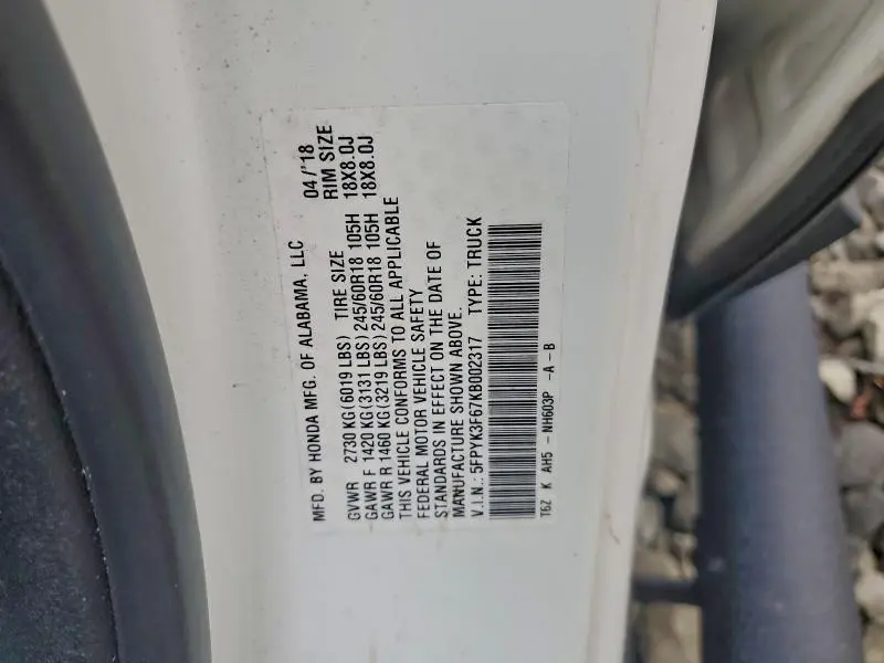 2019 HONDA RIDGELINE RTL  