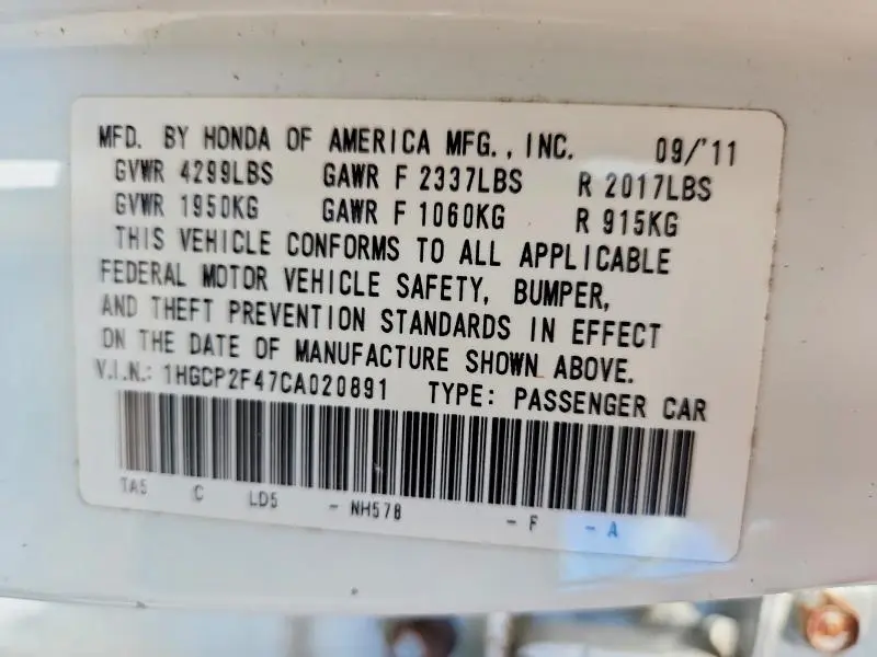 2012 HONDA ACCORD LXP  