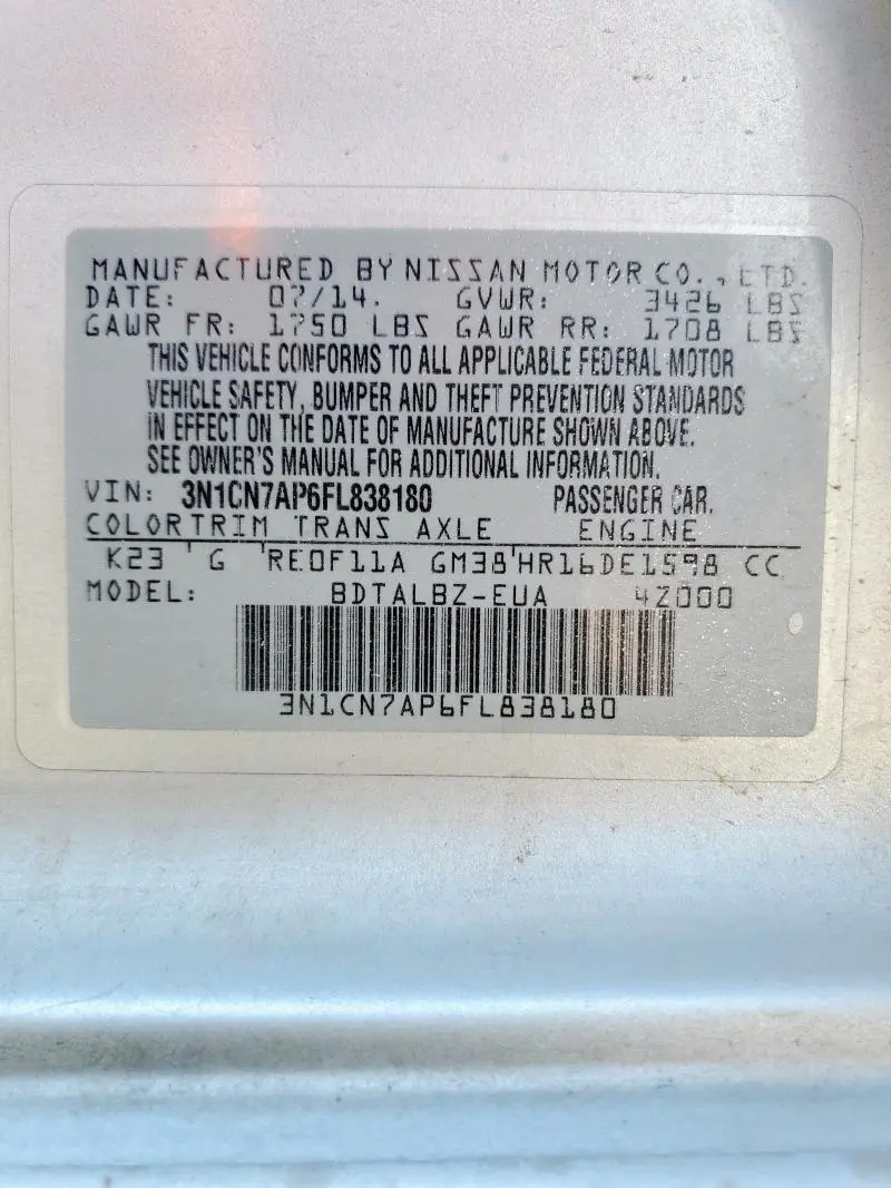 2015 NISSAN VERSA S  