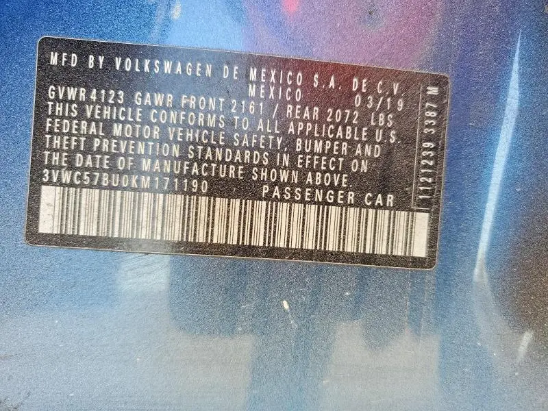 2019 VOLKSWAGEN JETTA S  