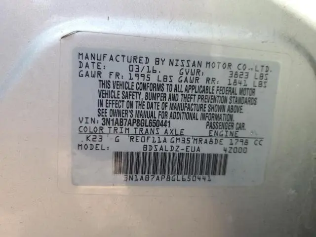 2016 NISSAN SENTRA S  