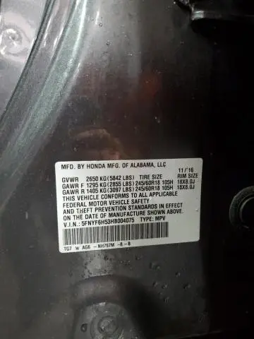 2017 HONDA PILOT EXL  