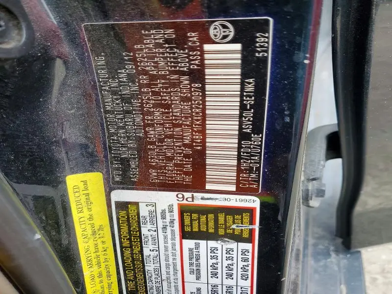 2012 TOYOTA CAMRY BASE  