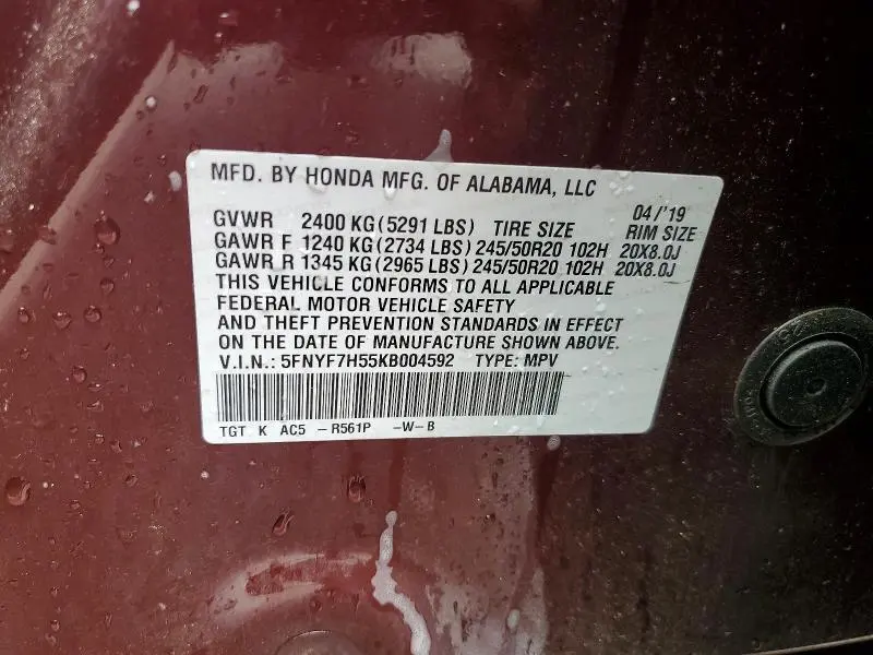 2019 HONDA PASSPORT EXL  