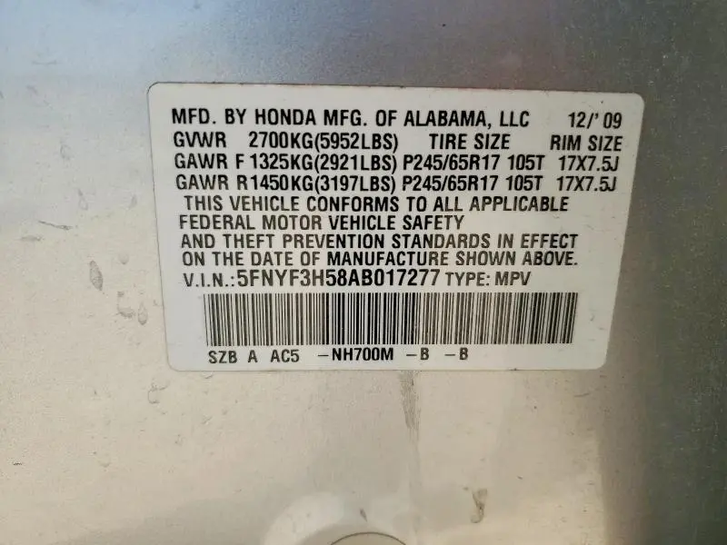2010 HONDA PILOT EXL  