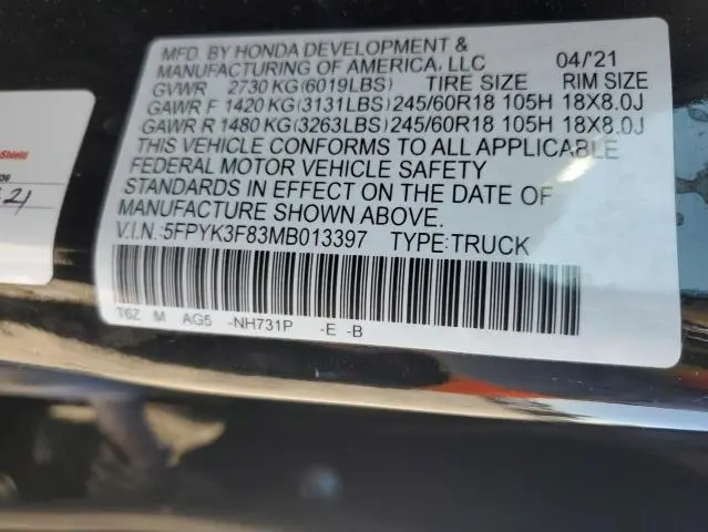 2021 HONDA RIDGELINE BLACK EDITION  