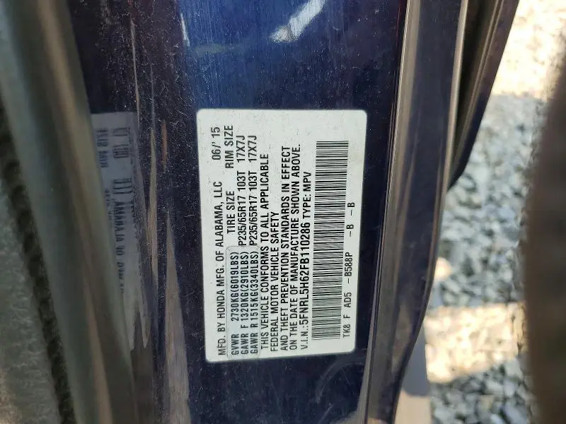 2015 HONDA ODYSSEY EXL  