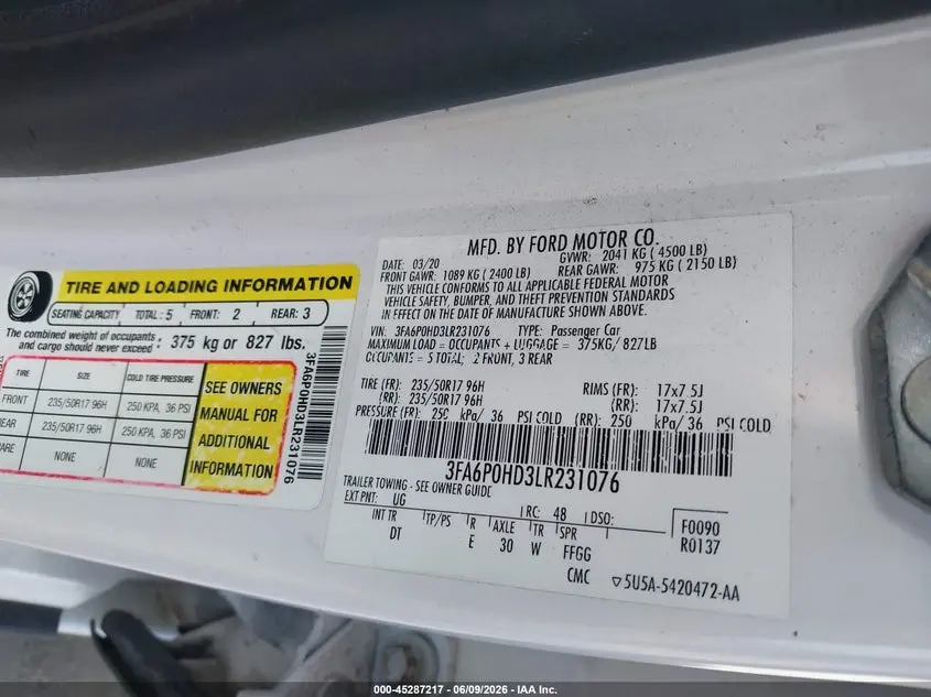 2020 FORD FUSION SE