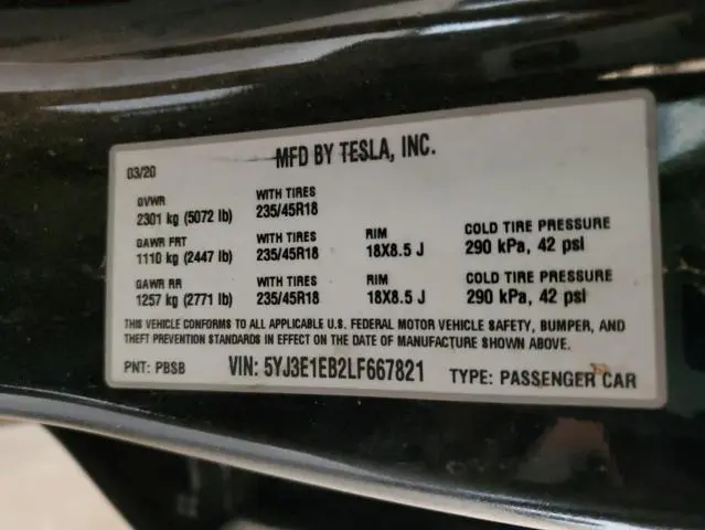 2020 TESLA MODEL 3   