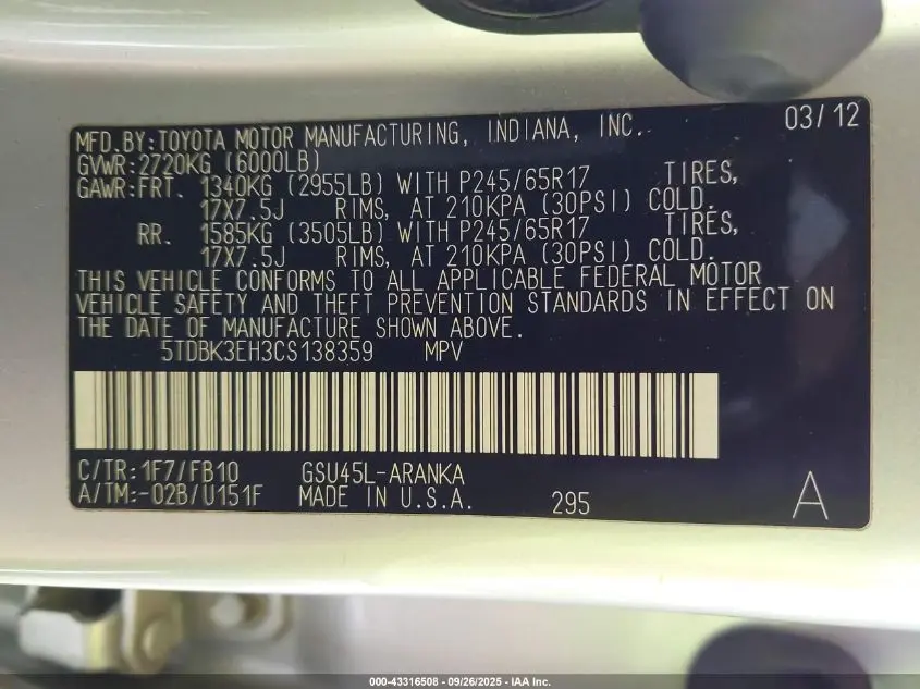 2012 TOYOTA HIGHLANDER BASE V6