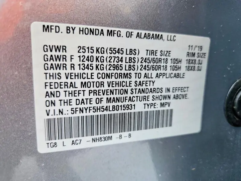 2020 HONDA PILOT EXL  
