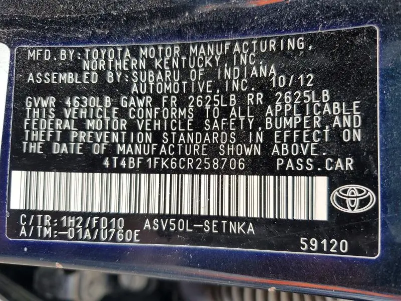 2012 TOYOTA CAMRY LE  