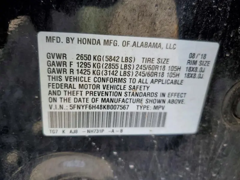 2019 HONDA PILOT EXL  
