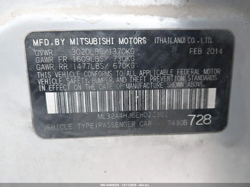 2014 MITSUBISHI MIRAGE ES