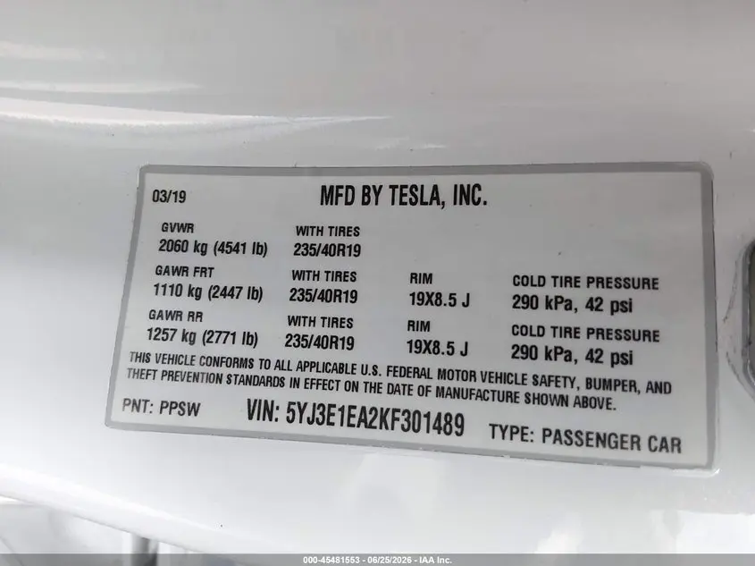 2019 TESLA MODEL 3 LONG RANGE/MID RANGE/STANDARD RANGE/STANDARD RANGE PLUS