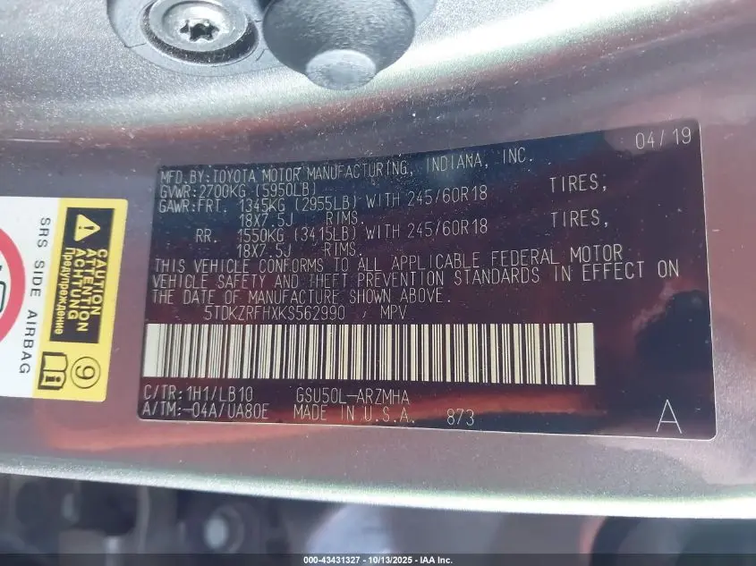 2019 TOYOTA HIGHLANDER XLE