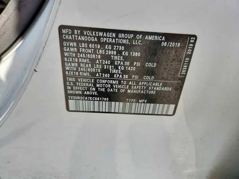 2019 VOLKSWAGEN ATLAS SE  