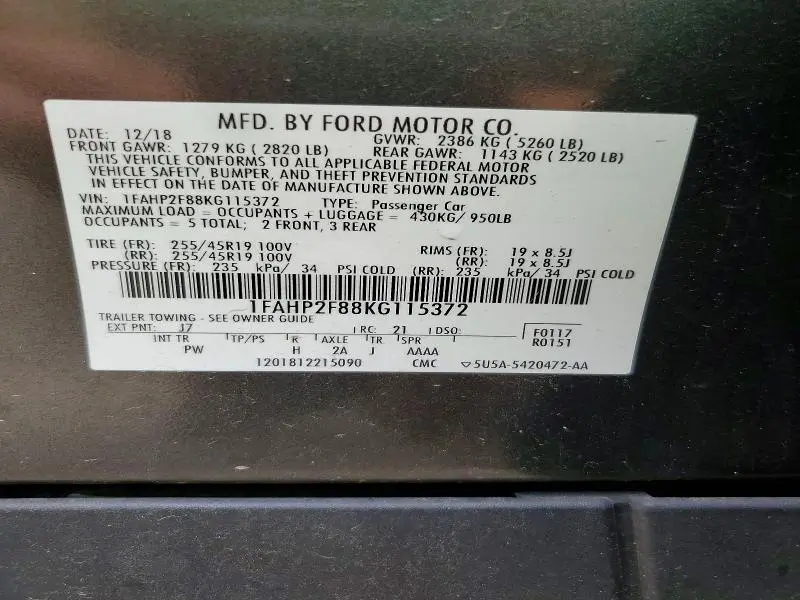 2019 FORD TAURUS LIMITED  