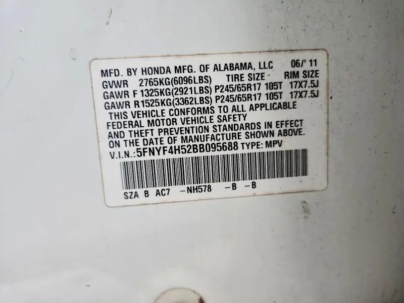 2011 HONDA PILOT EXL  