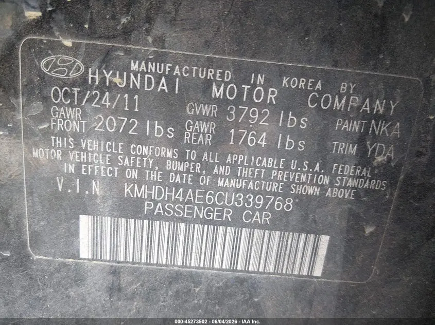 2012 HYUNDAI ELANTRA GLS (ULSAN PLANT)