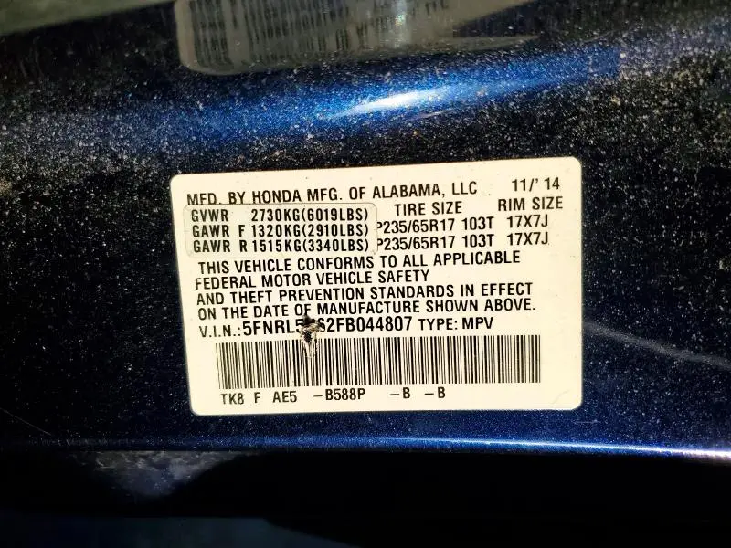 2015 HONDA ODYSSEY EXL  