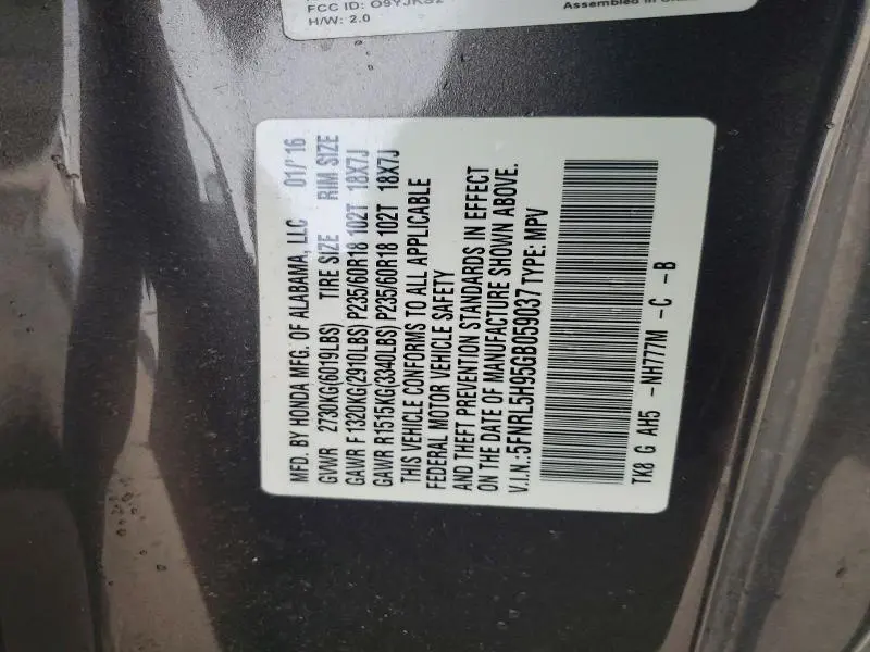 2016 HONDA ODYSSEY TOURING  