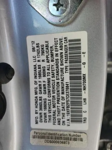 2012 HONDA CIVIC LX  