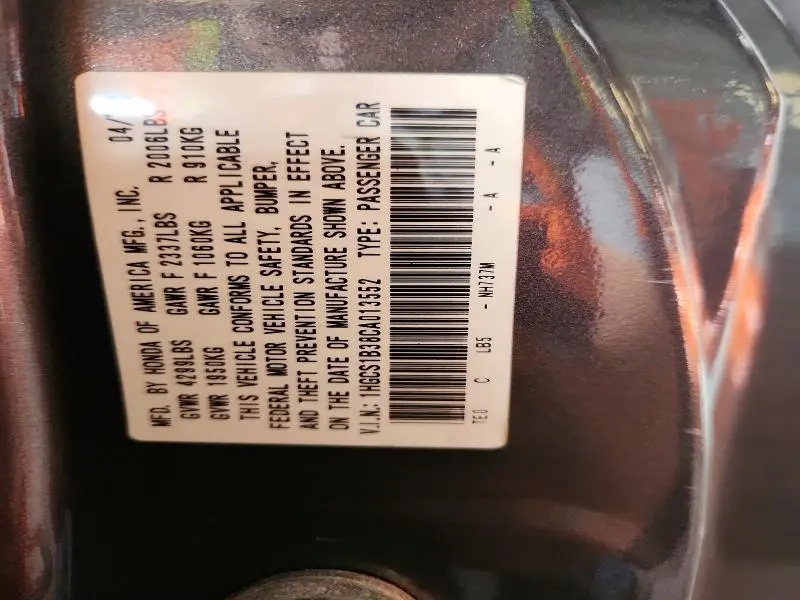 2012 HONDA ACCORD LX  