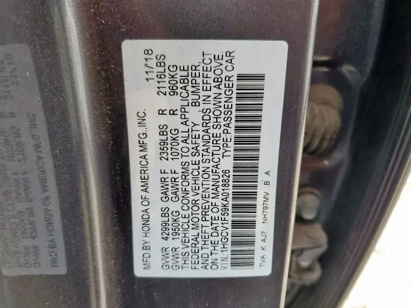 2019 HONDA ACCORD EXL  
