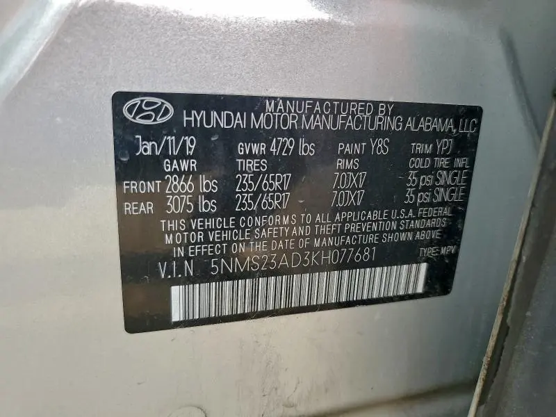 2019 HYUNDAI SANTA FE SE  