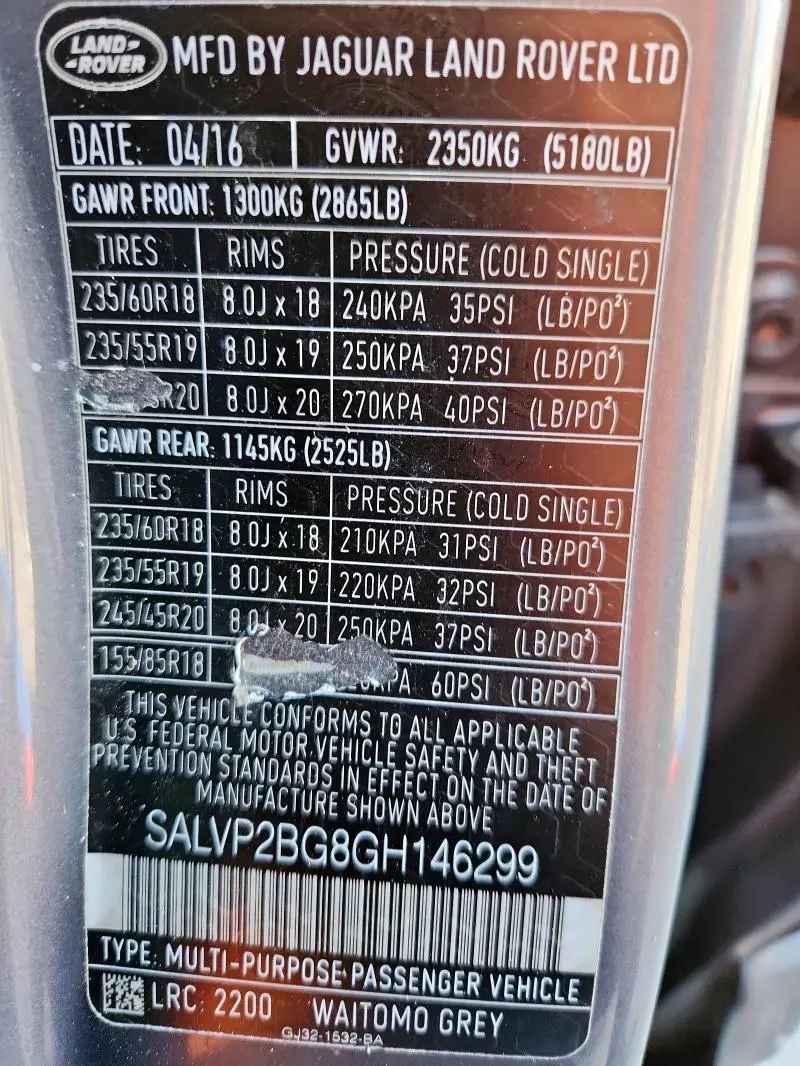 2016 LAND ROVER RANGE ROVER EVOQUE SE  