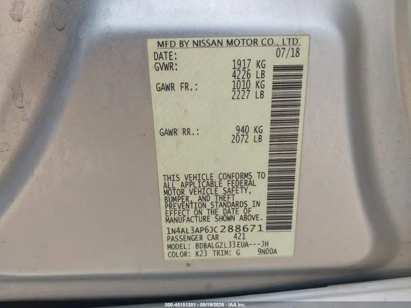 2018 NISSAN ALTIMA 2.5 S