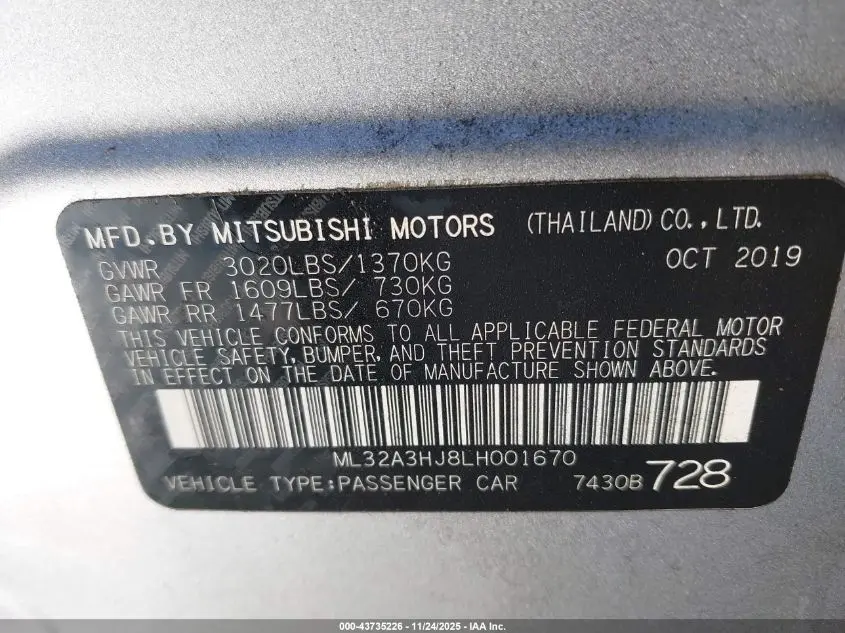 2020 MITSUBISHI MIRAGE ES/SE