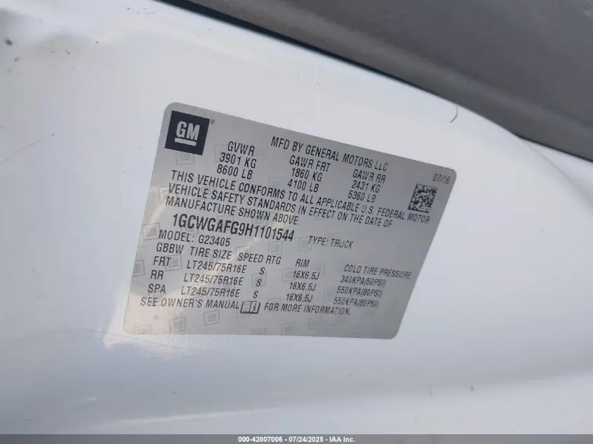2017 CHEVROLET EXPRESS 2500 WORK VAN
