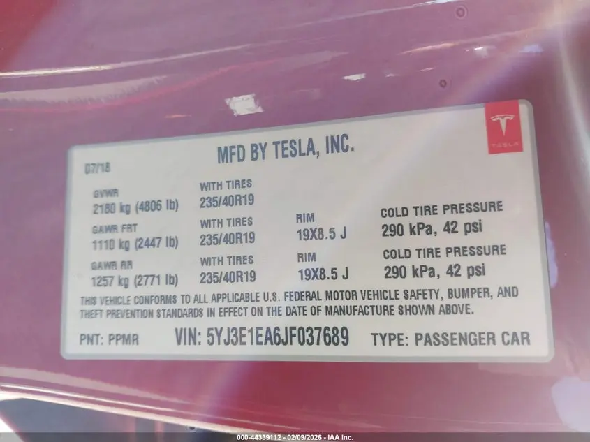 2018 TESLA MODEL 3 LONG RANGE/MID RANGE