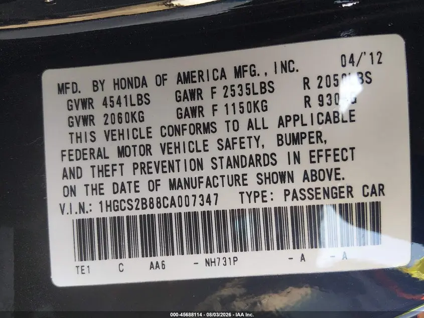 2012 HONDA ACCORD 3.5 EX-L