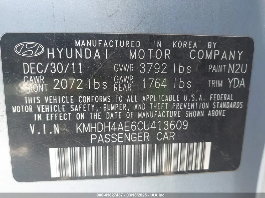 2012 HYUNDAI ELANTRA GLS (ULSAN PLANT)