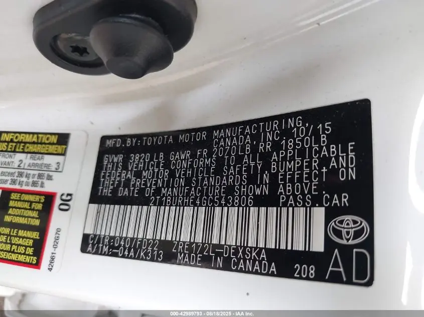 2016 TOYOTA COROLLA S