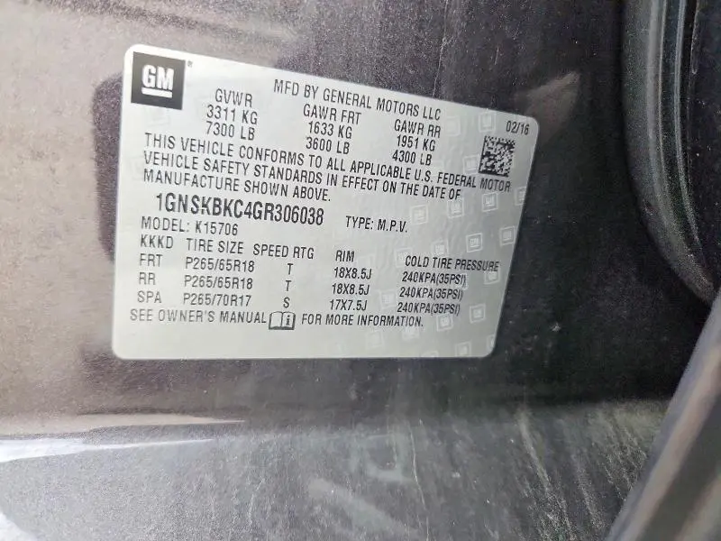 2016 CHEVROLET TAHOE K1500 LT  